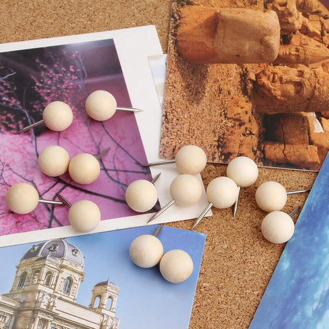 Top Shelf Wooden Push Pins, 120 Pack Of Straightforward Thumb Tacks For Corkboards And Bulletin Boards, crafted with rock solid wood caps on corkboard with photos.