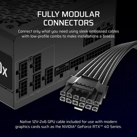 Upgrade Your Rig With 850W Fully Modular Power Supply ATX 3.1 Ready PCIe 5.1 Support Low Noise Cooling Cybenetics Gold Efficiency Native 12V 2x6 Connectors Black, black PSU cable close-up