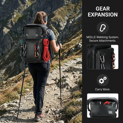 Person hiking with 100 Percent Waterproof Roll Top Dry Bag Backpack With Front Splash Proof Pocket, Lightweight Floating 35L Pack