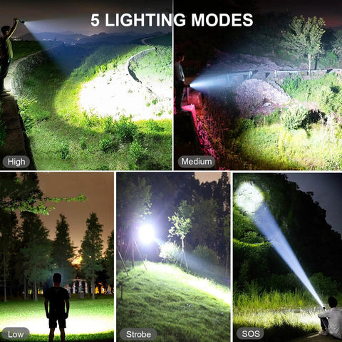 Rechargeable LED Flashlight 99,000 Lumens Ultra Bright Handheld Torch With 5 Modes showing lighting modes on landscapes