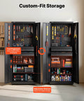 Heavy Duty Metal Storage Cabinet Built Tough With 180 Lb Shelf Load, 70.87 Inch Tall Garage Tool Cabinet With Dual Locking Doors, shown with open doors displaying organized tools and adjustable shelves.