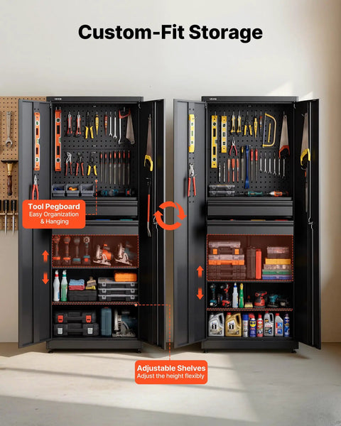 Heavy Duty Metal Storage Cabinet Built Tough With 180 Lb Shelf Load, 70.87 Inch Tall Garage Tool Cabinet With Dual Locking Doors, shown with open doors displaying organized tools and adjustable shelves.