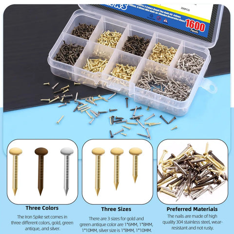 1600Pcs Tiny Nails Kit With 1x6mm 1x8mm 1x10mm Wooden Nails In Gold Silver Bronze, DIY Hardware Fixes, shown with storage box