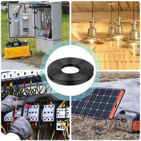 10 Gauge 50Ft Tinned Copper Wire shown with LED strips, marine use, automotive connections, and lighting applications.