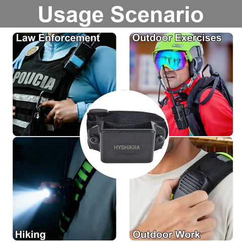 Universal Clip On Two Way Radio Mount for Backpacks, showcasing usage in law enforcement, outdoor exercises, hiking, outdoor work.