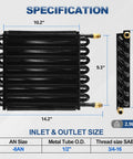 Front and side view of Sixteen Pass One Half Inch Transmission Cooler With Eight AN Tube Fin Aftercooler in black with dimensions.