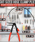 Radiator hose clamp pliers with ratchet lock, corrosion-resistant carbon steel, one-handed operation.