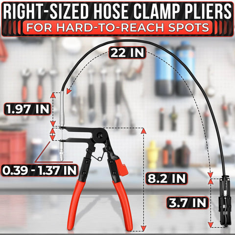 Radiator hose clamp pliers with ratchet lock, corrosion-resistant carbon steel, one-handed operation.
