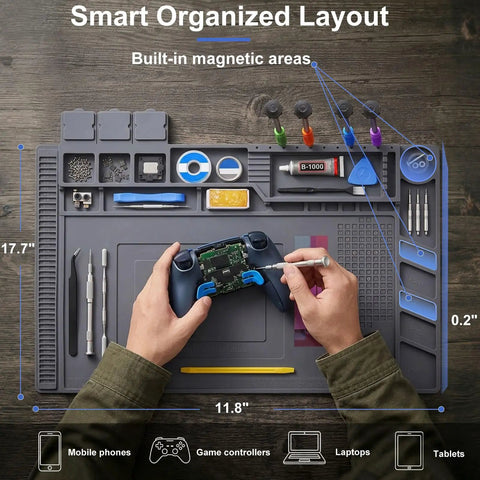 Top Tier Heat Resistant Silicone Soldering Mat With Magnetic Screw Retainer Tray for electronics repair, 17.7x11.8 inches.
