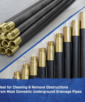 Heavy Duty Drain Cleaning Rods 9 Meters Long With Ten Flexible Interlocking Tubes Rust Proof Brass Couplings and a Spiral Auger Attachment.