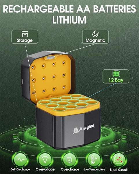 Rechargeable AA Lithium Batteries With 12 Slot Charger Pack Of 12, 3600mWh Each, 1.5V, 2000+ Cycles, High Capacity Li Ion Power For Blink Outdoor Camera And Home Devices, Green charger showing open battery slots