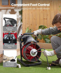 Heavy Duty Drain Cleaning Machine With 75 Ft Sewer Snake And 3/8 Inch Steel Core Auger, ergonomic foot control in use.