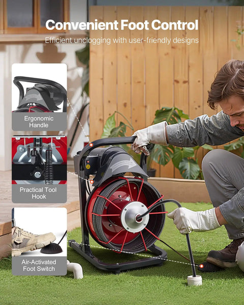 Heavy Duty Drain Cleaning Machine With 75 Ft Sewer Snake And 3/8 Inch Steel Core Auger, ergonomic foot control in use.