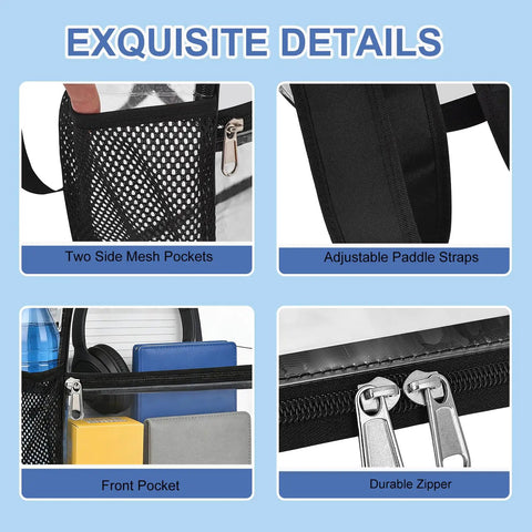 Clear Stadium Backpack 12x12x6 with front pocket, adjustable straps, side mesh pockets, and durable zipper for easy security check.