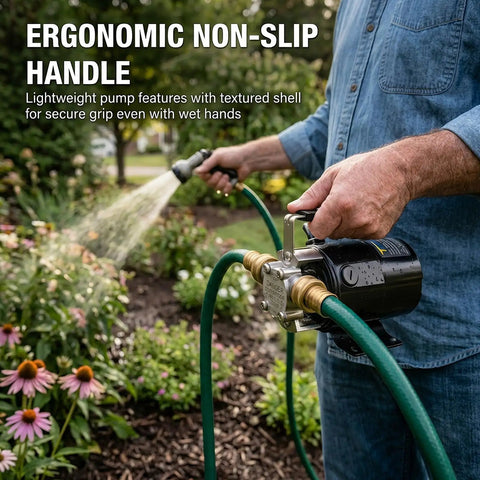 Person using Workhorse 0.1 HP 115V Water Transfer Pump with 6-Foot Hose Kit for garden watering