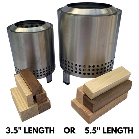 Mini Fire Wood and Fire Starters from Reclaimed Kiln Dried Hardwood, 3.5 or 5.5 inch lengths shown next to metal fire pits.