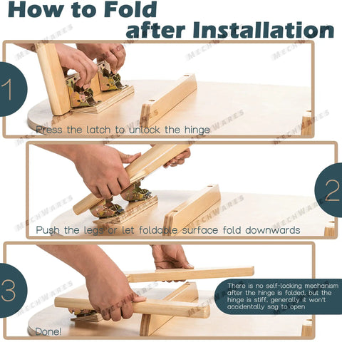 How to fold Heavy Duty Fold Down Hinges Built Tough Self Locking Leg Brackets for Tables, showing latch unlocking step.