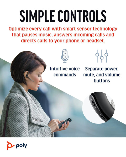 Woman using Single Ear Bluetooth Headset With Noise Canceling Microphone For Crisp Calls, Voice Controls, Hands Free Mute
