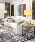 Dope Industrial Floor Lamp With Side Table And USB Port next to modern sofa in stylish living room setting.