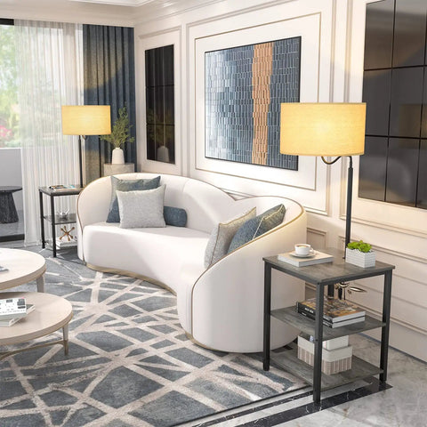 Dope Industrial Floor Lamp With Side Table And USB Port next to modern sofa in stylish living room setting.