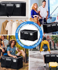 Collapsible Moving Bags 93L 6-Pack Heavy-Duty Packing Totes with zippers and handles shown in various uses like storing and travel