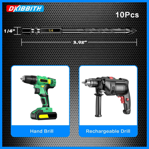 Ten Pack One Quarter Inch Concrete Drill Bits Set Pro Grade Carbide YG6 With Rust Resistant Alloy Shown with Hand and Rechargeable Drills