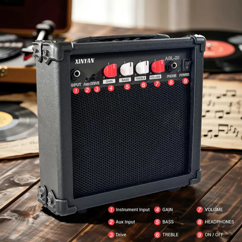 20 Watt Portable Electric Guitar Amp With Headphone Input And Aux Phone Audio Link Built In Gain Control Easy On The Go Practice Compact Black Amp Featuring Control Panel Knobs for Gain, Bass, and Treble