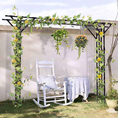 Massive Flat Top Garden Arch Trellis For Climbing Plants Outdoor Entrance Pavilion 141 Inches Long By 106 Inches High Metal Yard Arch For Walkways Weddings And Patio Or Garden Decor with white rocking chair underneath.