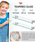 Glass Bathroom Shelf 20 Inch Rectangular With 8mm Tempered Glass And Rustproof Metal Bracket, shown with safety features