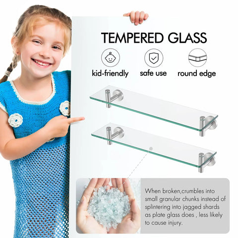 Glass Bathroom Shelf 20 Inch Rectangular With 8mm Tempered Glass And Rustproof Metal Bracket, shown with safety features