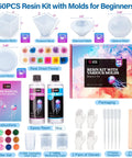 50-piece epoxy resin art kit with silicone molds, 16oz resin, 12 color glitter, dried flowers, and accessories for DIY crafts.