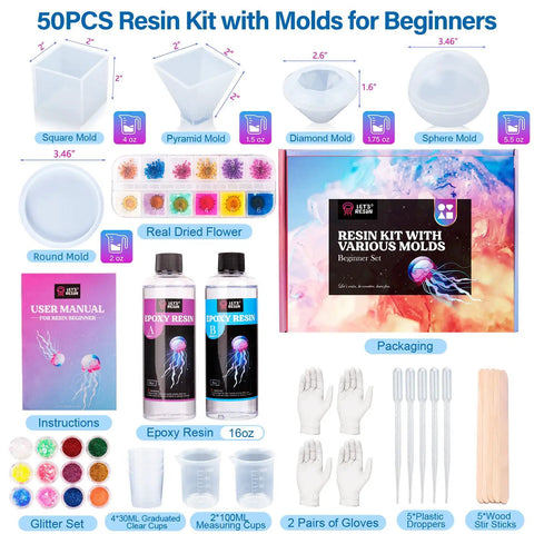 50-piece epoxy resin art kit with silicone molds, 16oz resin, 12 color glitter, dried flowers, and accessories for DIY crafts.