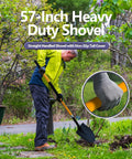 Man using a heavy duty 57 inch digging shovel with fiberglass handle and round steel head on grass, orange cushion grip visible.