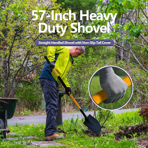 Man using a heavy duty 57 inch digging shovel with fiberglass handle and round steel head on grass, orange cushion grip visible.