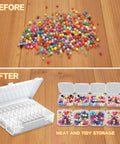 Before and after comparison showing Large Bead Organizer Box With Thirty One Mini Clear Storage Compartments Hinged Lid Craft Box.