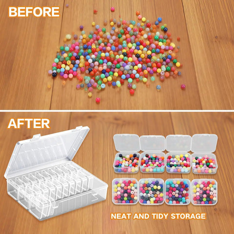 Before and after comparison showing Large Bead Organizer Box With Thirty One Mini Clear Storage Compartments Hinged Lid Craft Box.