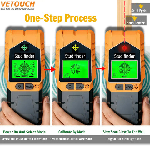 Zero Guesswork Required On This Built Tough 6 In 1 Wall Scanner Plus Stud Detector Featuring Easy LCD Screens And Audible Alerts For Finding Wood Metal Ac Wires And Pipes Inside Ceilings Or Walls Orange