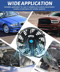 Knockout 10 Inch 12 Volt Universal Slim Pull Push Electric Radiator Cooling Fan With Mounting Kit shown on vehicles and under hood.