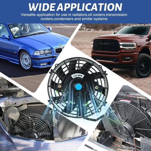 Knockout 10 Inch 12 Volt Universal Slim Pull Push Electric Radiator Cooling Fan With Mounting Kit shown on vehicles and under hood.