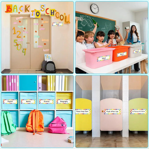 36 Pack Desk Name Plates For Students Classroom Name Tags Vinyl Desk Labels For Kindergarten And Elementary Back To School Decor Easy Peel And Stick Durable Classroom Supplies For Teachers displayed in various classroom settings.