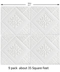 Close-up of white 3D Peel And Stick Wall Panels Set 9 Pieces Covers 35 Sq Ft with decorative design, size dimensions shown.