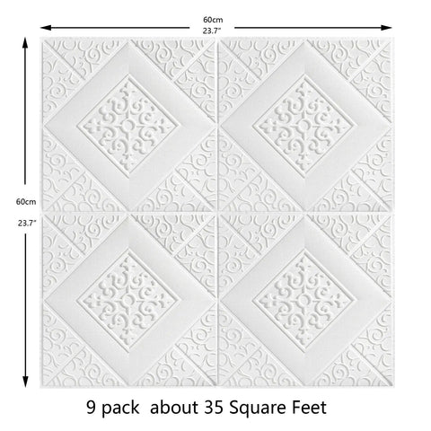 Close-up of white 3D Peel And Stick Wall Panels Set 9 Pieces Covers 35 Sq Ft with decorative design, size dimensions shown.