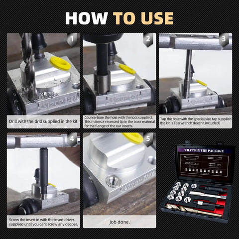 M14x1.5 Thread Repair Kit With Stainless Steel Inserts, Drill, Tap, Counterbore, Install Driver, Guides instructions