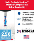 Close-up of 3/8 Inch Shank CNC Solid Carbide Spektra Extreme Tool Life Coated Mortise Compression Router Bit displayed vertically.
