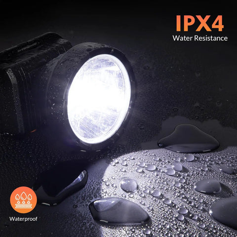 Ultra Bright Rechargeable Headlamp With Dual Modes LED Spotlight For Camping Fishing Hiking And Outdoor Adventures shown in wet conditions highlighting IPX4 water resistance.