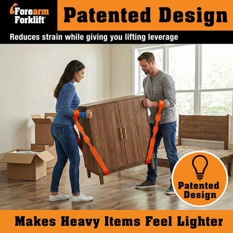 Two Person Moving Straps For Heavy Furniture And Appliances in use, lifting a wooden cabinet with ergonomic design, orange straps