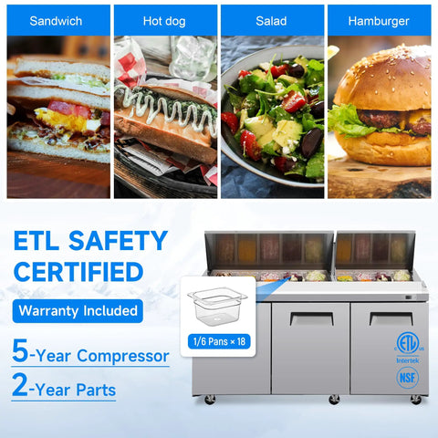 Heavy Duty 72 Inch Commercial Sandwich Prep Table Refrigerated Salad Fridge Equipped With 18 Easy Slide Topping Pans And A Wide Cutting Board