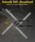 Hella Tough CNC Machined Aluminum Miter Saw Protractor And Rapid Angle Finder With Laser Engraved Scales showing 360° movement for precise angles.