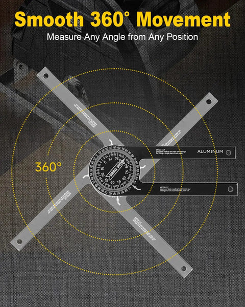 Hella Tough CNC Machined Aluminum Miter Saw Protractor And Rapid Angle Finder With Laser Engraved Scales showing 360° movement for precise angles.