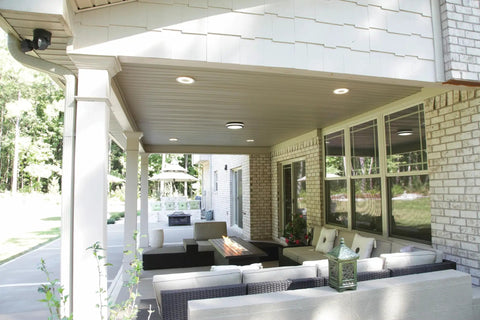 Outdoor Flush Mount LED Ceiling Light For Porches And Walkways, 4000K Cool White, Dark Bronze Exterior Fixture on patio ceiling